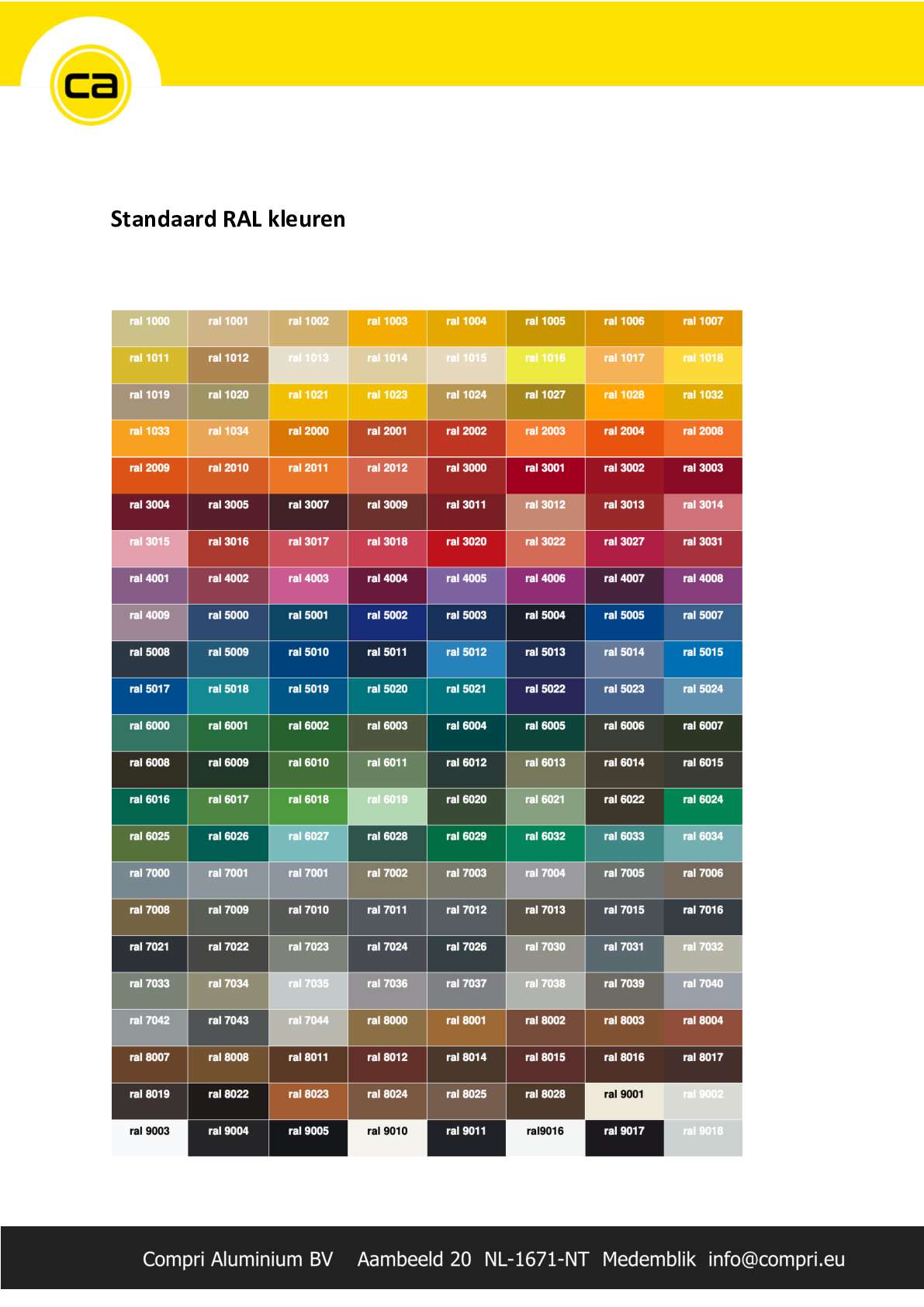 Standaard RAL kleuren