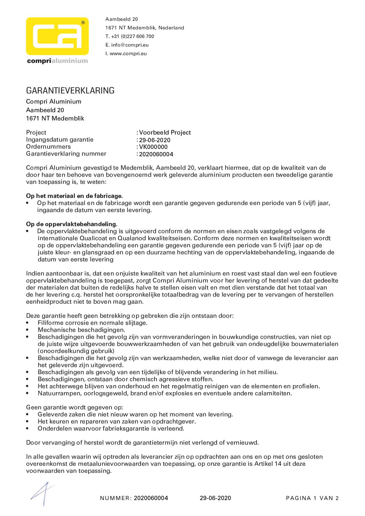 Voorbeeld Garantieverklaring